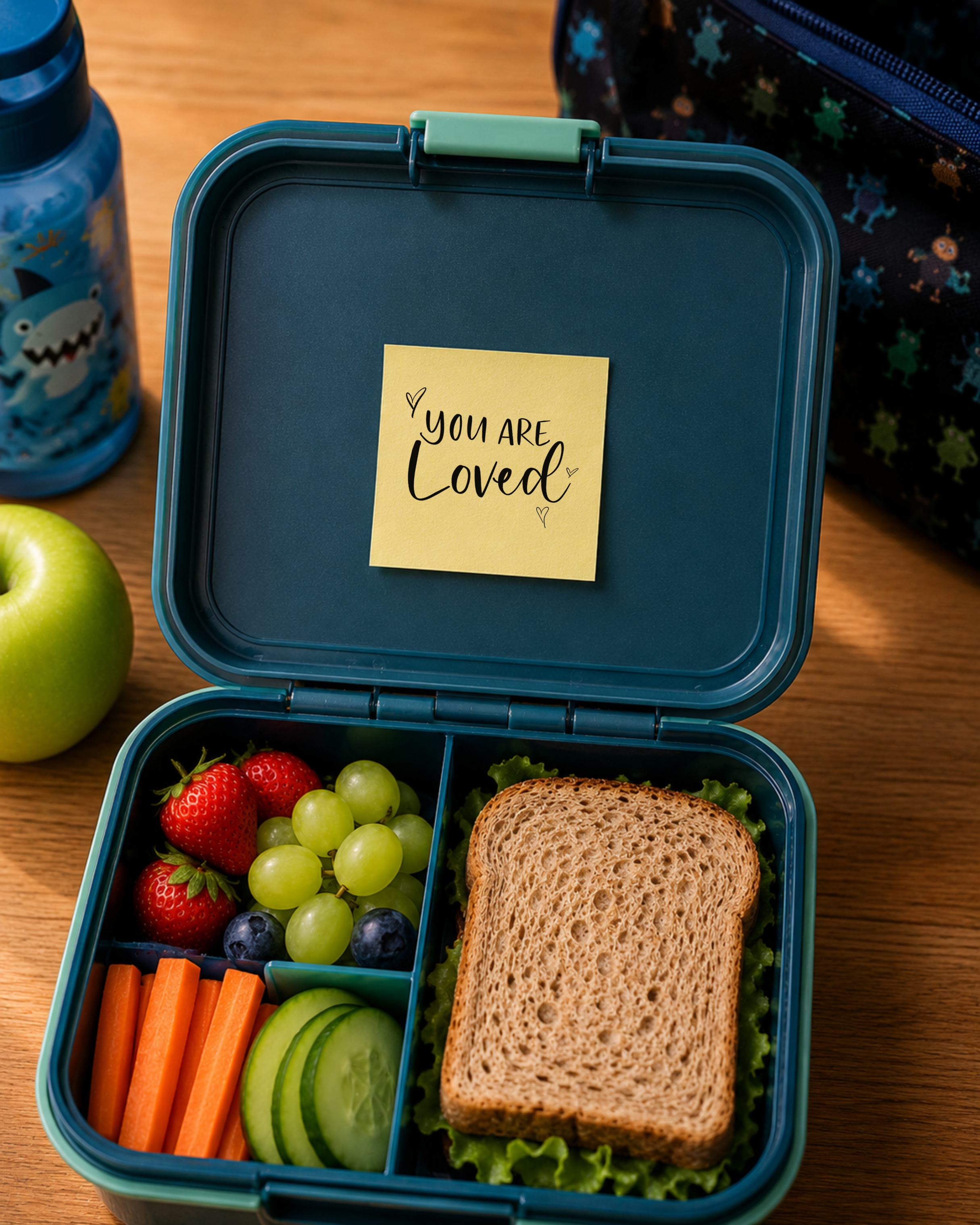 A handwritten Tiny Note reading 'You are Loved' tucked inside a child's lunchbox