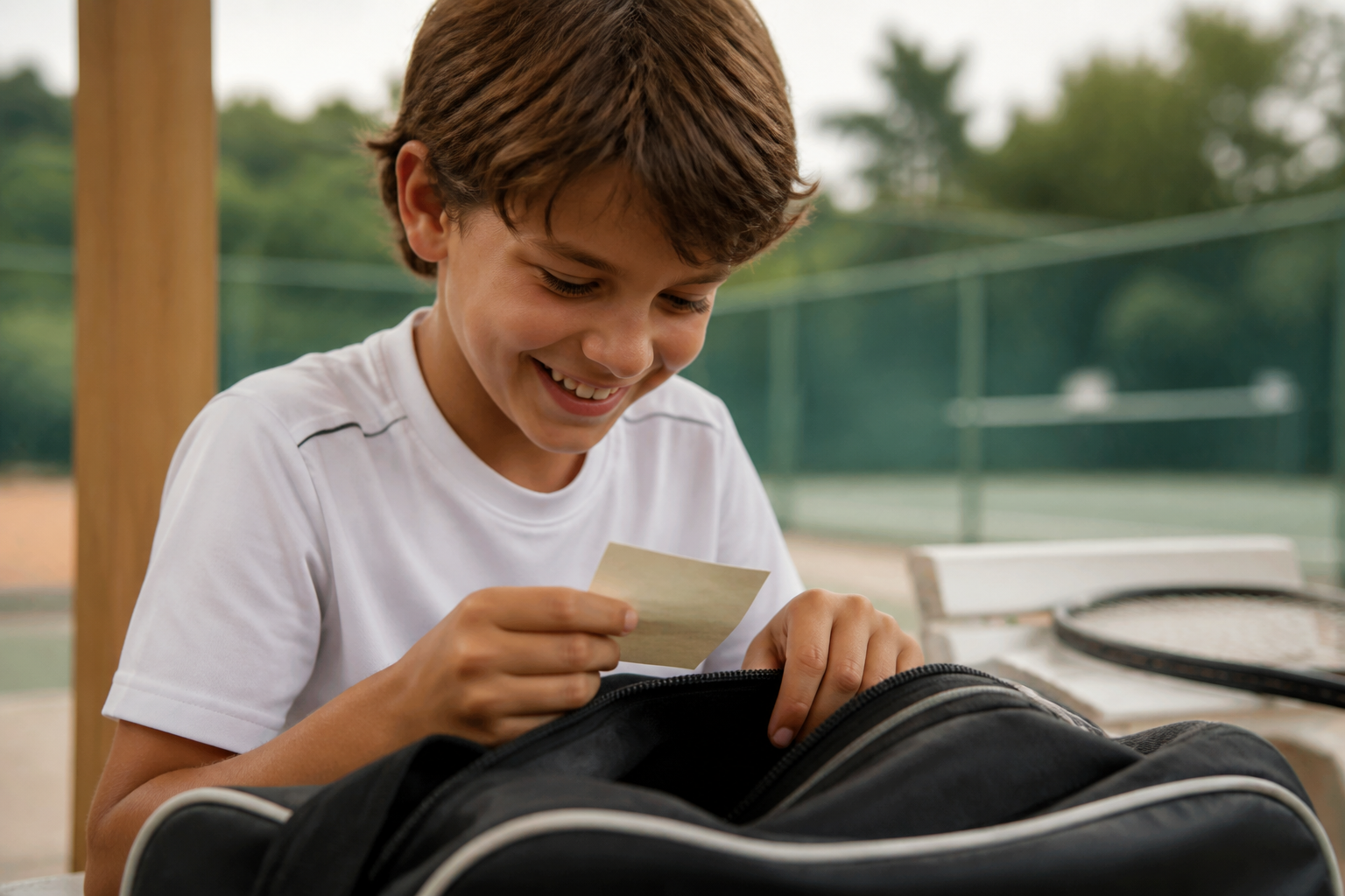 A young boy smiling as he discovers a Tiny Note tucked inside his tennis bag