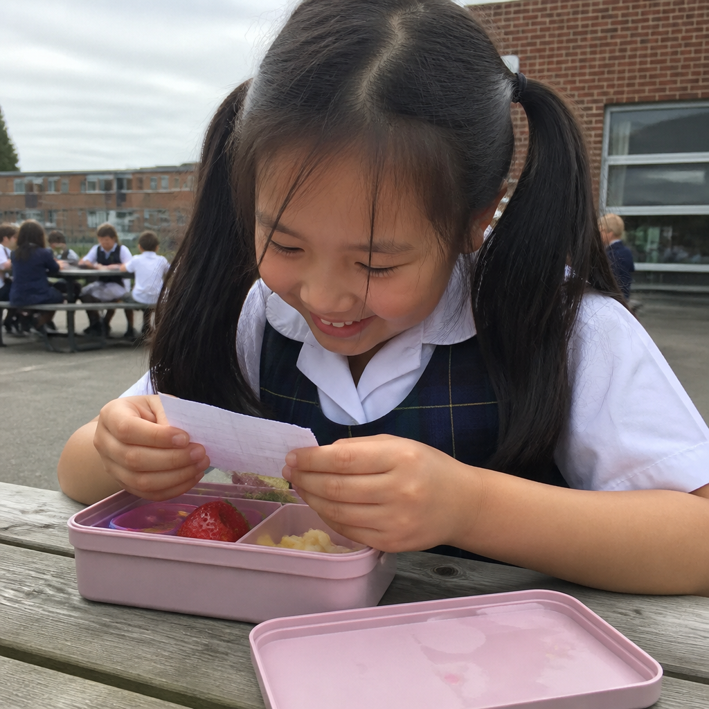 A girl in school uniform smiling as she finds a Tiny Note in her lunchbox