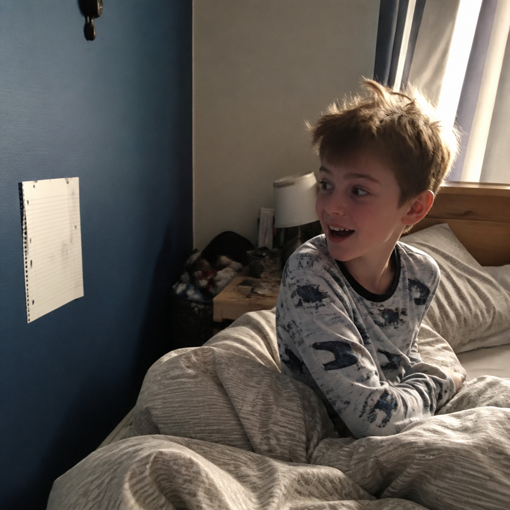 A boy waking up surprised to find a Tiny Note stuck to his bedroom wall