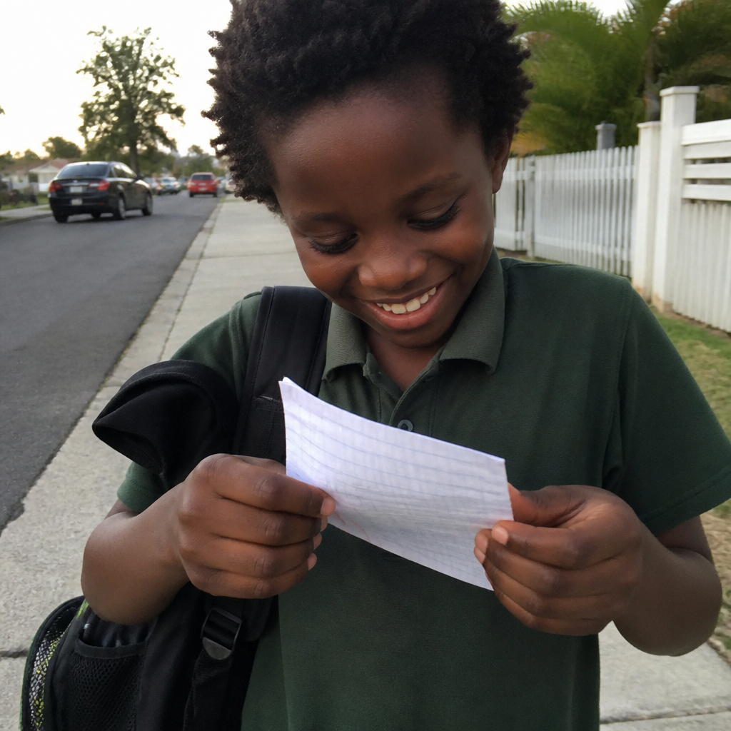 A boy grinning as he finds a Tiny Note tucked into his backpack pocket